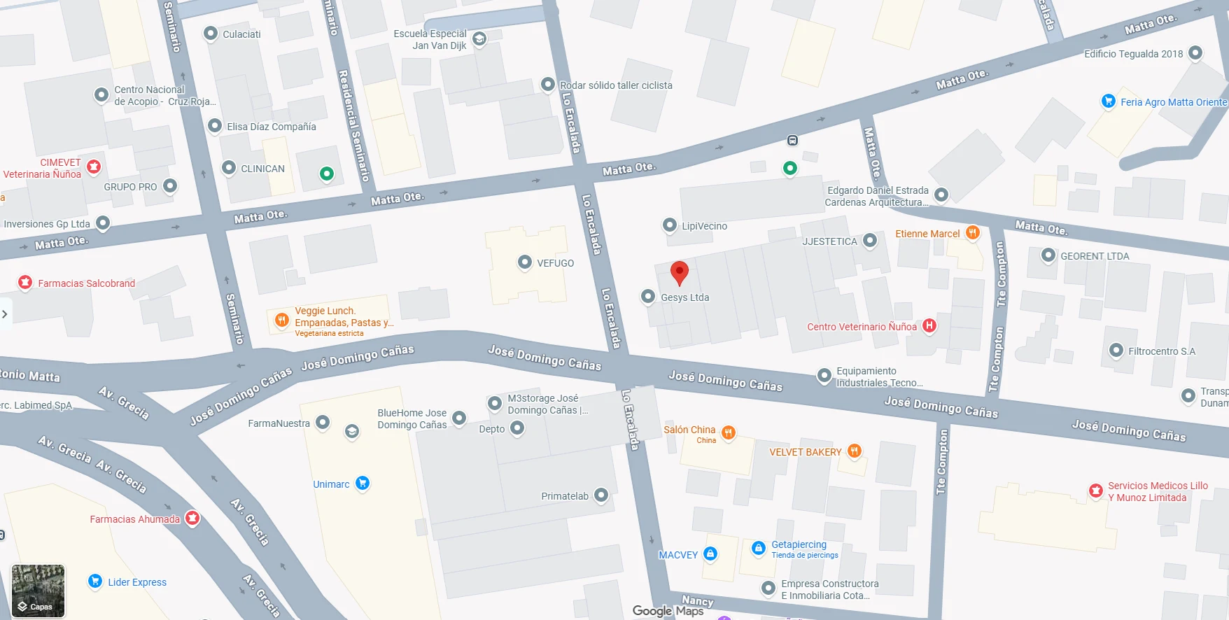 Mapa con la ubicación de GESYS en Lo Encalada 270, Ñuñoa, Santiago