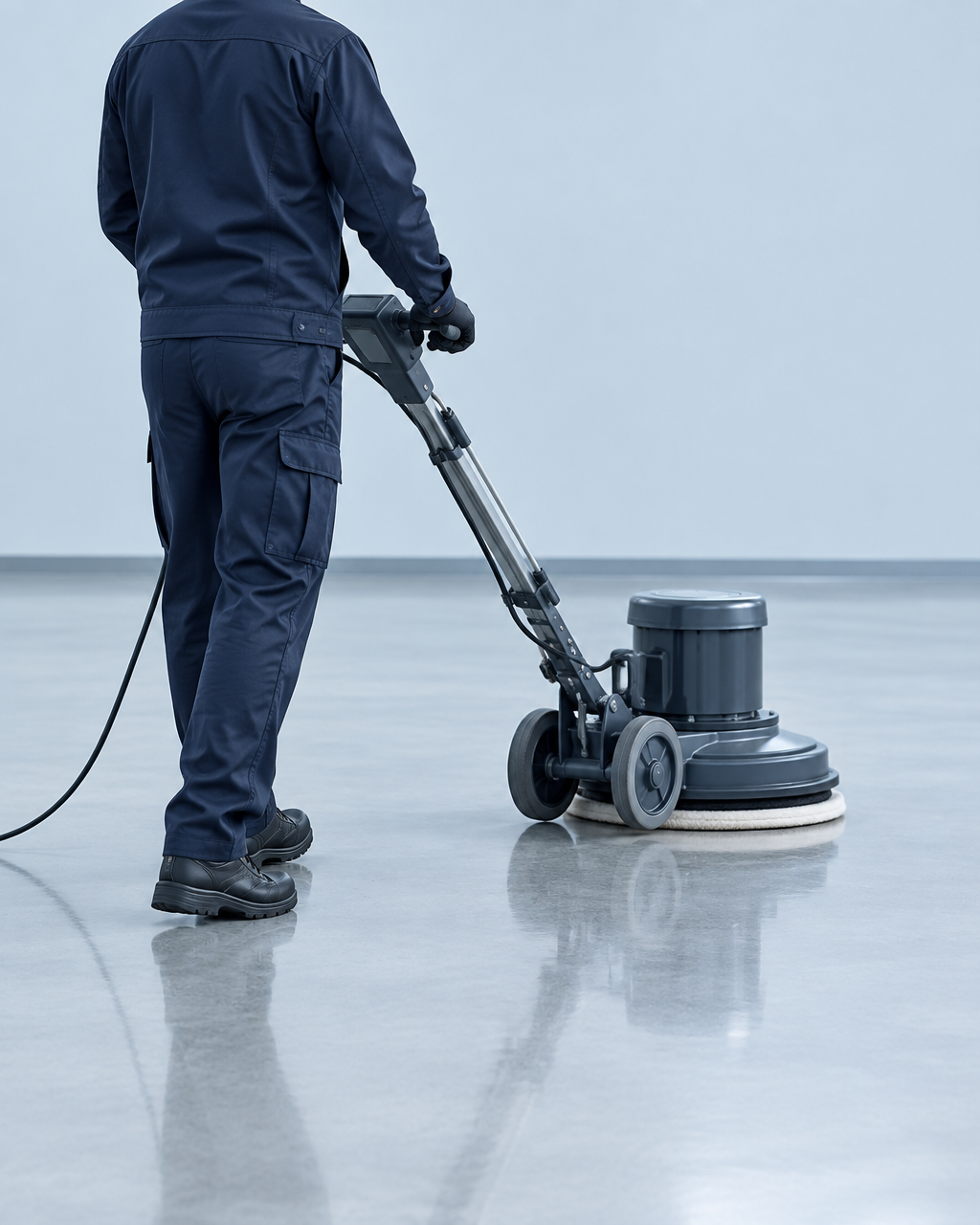 Personal de limpieza industrial puliendo el piso